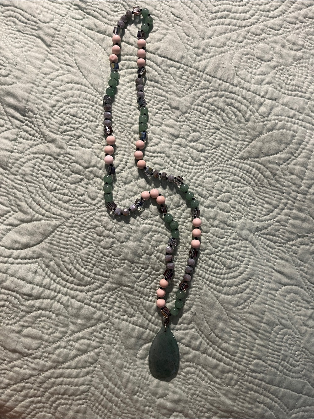 Handcrafted Green and Cream Beaded Pendant Necklace